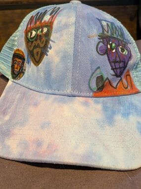 Tie-Dye Mesh Trucker Hat with Hand-Drawn Faces